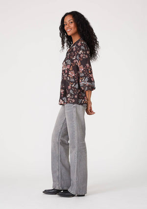 Floral 3/4 Sleeve Tie Neck Button Down Blouse