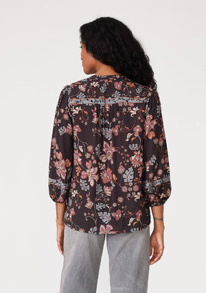 Floral 3/4 Sleeve Tie Neck Button Down Blouse