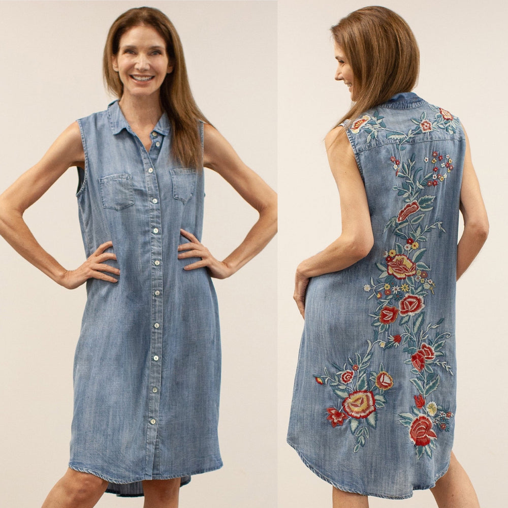 Sleeveless Chambray Dress with Embroidery