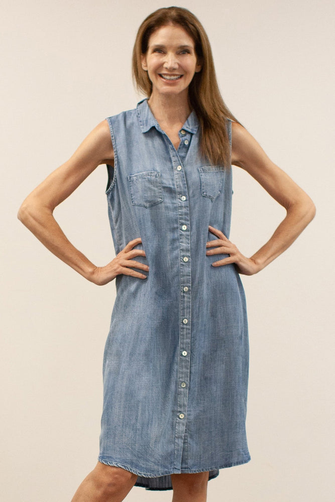 Sleeveless Chambray Dress with Embroidery