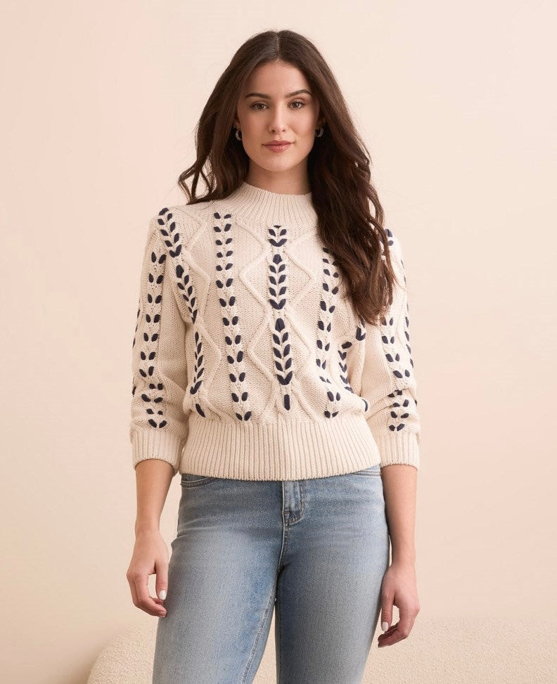 Cable Knit 3/4 Sleeve Mock Neck Sweater