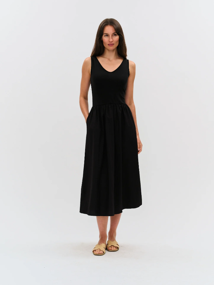 women's loft poplin bubble mixed media midi dress Clara Knit and Poplin Mixed Media Dress – Accent's Novato