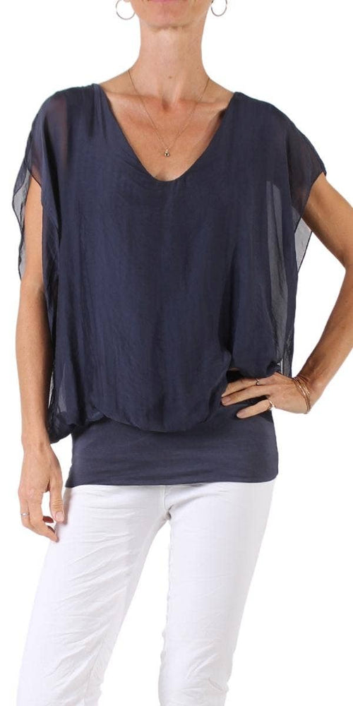 V-Neck Flutter Sleeve Silk Top