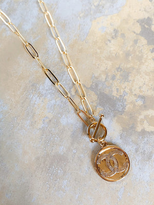 Large Gold filled link necklace with Vintage Chanel Charm