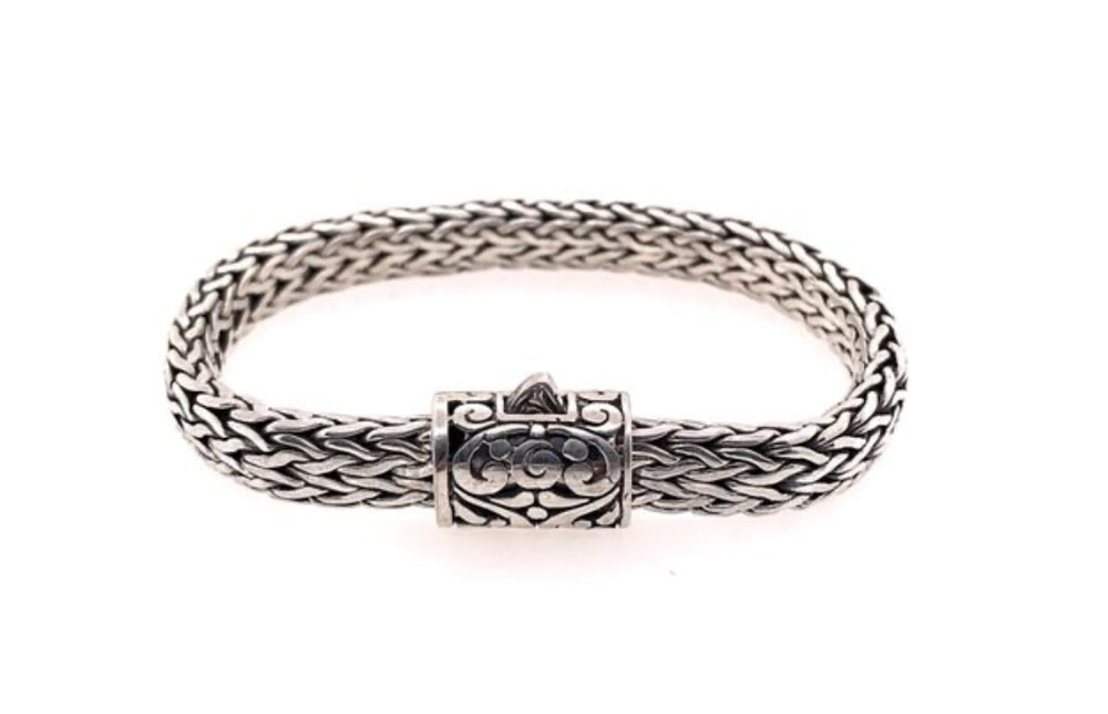 
            
                Load image into Gallery viewer, Large Handwoven Sterling Silver Bracelet with Byzantine Cutout Design - Accent&amp;#39;s Novato
            
        