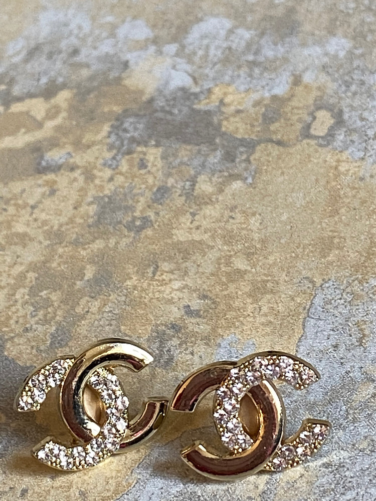 CHANEL Camellia GOLD CC Metal Stud Pearl Crystal Dangle Earrings - Bellisa