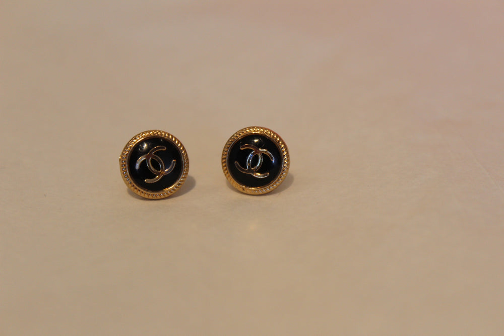 Black & Gold LV Button Earrings - Designer Button Jewelry