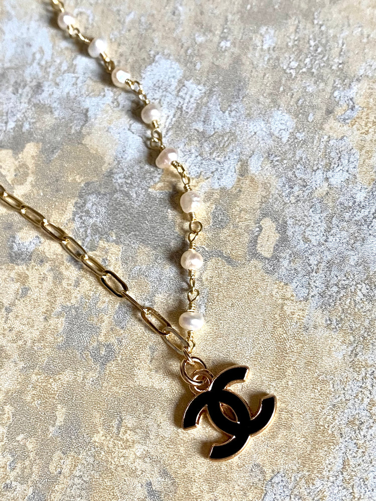 Gold & Black Faux Pearl 'CC' Necklace